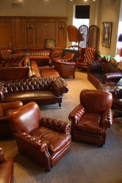 Buttoned Arm Antique Leather Club Chairs